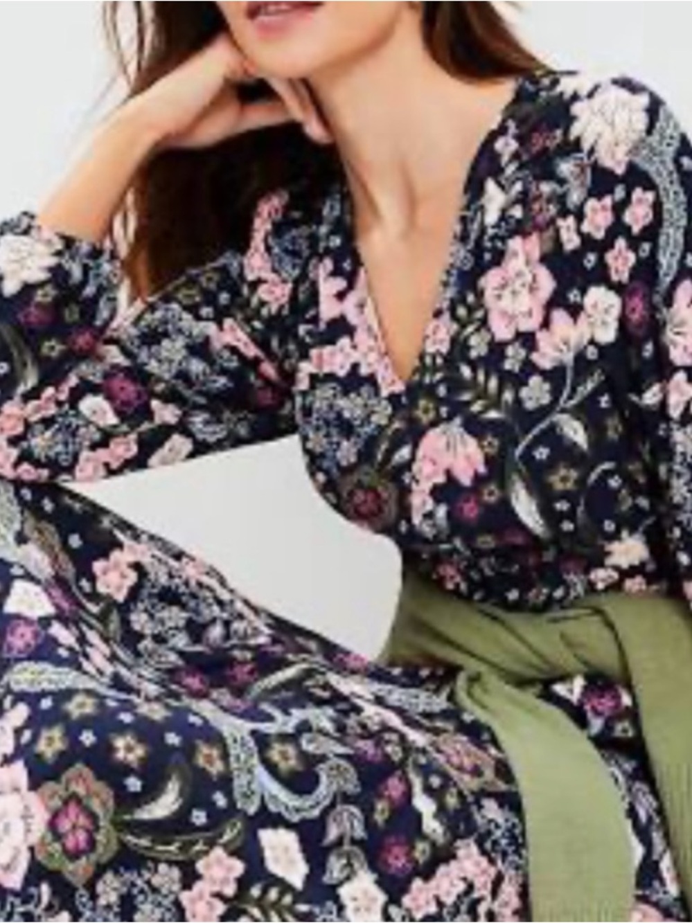 LOFT Navy Floral V-Neck Midi Dress Pink Green Floral Small NWT Shirred Flounce